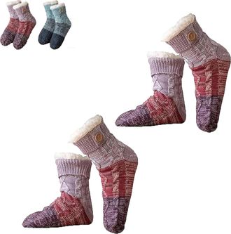 Generic Knitted Ultra-Thick Slipper Home Socks, Tri-color Knit Patchwork Non-Slip Warm Winter Socks, Ultra-Thick Lounge, Non Slip for Women (Purple(2 Pair))