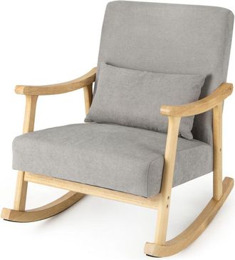 Costway Wooden Rocking Accent Chair Upholstered Rocker Armchair w/ Rubber Wood Armrests Natural