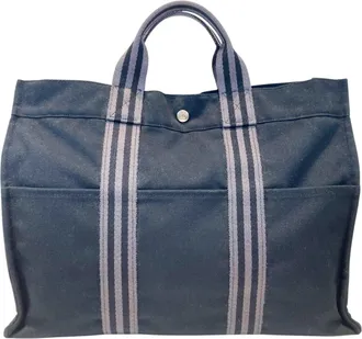 Herm&egrave;s Black Gray Canvas Tote Bag (Pre-Owned)