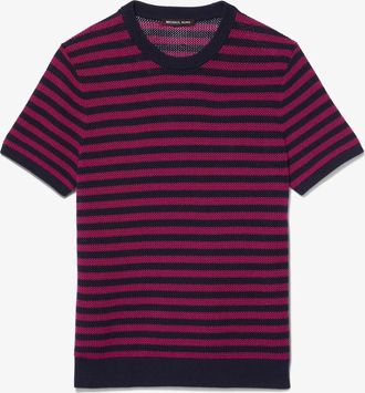 Michael Kors Striped Mesh Cotton Short-Sleeve Sweater
