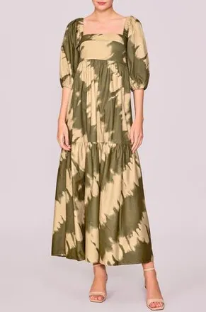 Melloday Square Neck Puff Sleeve Tiered Dress in Olive Marble at Nordstrom Rack, Size X-Small