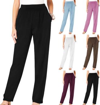 Generic Ladies Trousers Elasticated Waist Solid Color Women Pull Up Pants Formal Office Work Trousers Casual Loose Pants Comfy Bottoms Straight Leg Trousers F