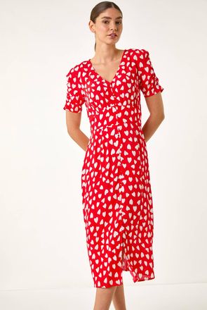 Roman Heart Print Ruched Midi Dress