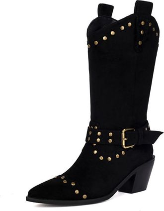 Generic Womens Retro Western Knee High Boots With Studs Buckle Suede-Like Comfortable Slip Resistant Durable For Casual Daily Streetwear Fall Winter,Black,6.5