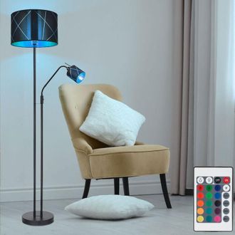 Globo Lighting Lampada led da terra con lampada da lettura verso lalto, dimmerabile con telecomando, cambio colore rgb, metallo tessuto oro nero, lampada da