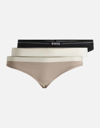 HUGO BOSS Womens 3-Pack Power Logo Waistband Thongs, Black/Ecru/Beige - Tan - Size: 10