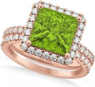 Allurez Peridot & Diamonds Princess-Cut Halo Bridal Set 14K Rose Gold (3.74ct)