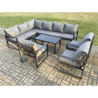 Fimous Fimous Aluminium Garden Furniture Set Outdoor Indoor Lounge Corner Sofa 3 Pcs Chair Oblong Coffee Table Sets Dark Grey 9 Seater
