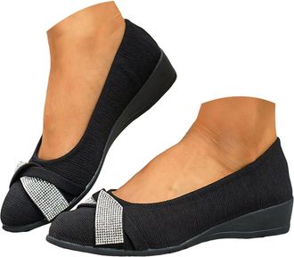 Generic Womens Wedge Shoes Classic Pointed Toe Dressy Ballet Shoes with Rhinestone Glitter Bow Womens Lightweight Low Top Fashion Casual Slip On Work Ballerin