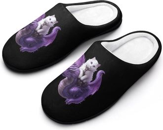 Generic Cat on Dragon Cotton Slippers for Women Memory Foam Comfy House Shoes with Anti-Skid Rubber Sole