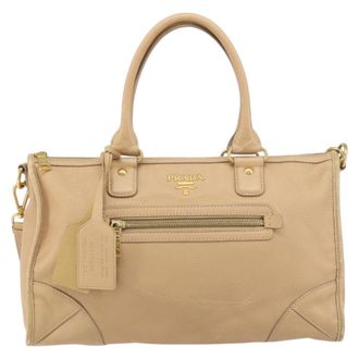 Prada Front Zip Convertible Satchel Cervo Leather Beige Leather Handbag (Pre-Owned)