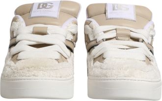 Dolce & Gabbana White Beige Faux Shearling Low Top Sneakers Mens Shoes