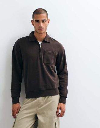 Farah Bellvue polo con mezza zip, tintura in capo, tasca e logo, marrone scuro