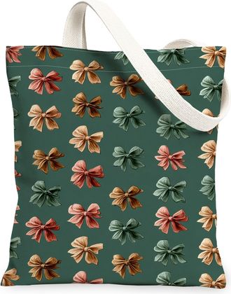 Generic Floral Bow Canvas Tote Bags, Elegant Flower Print Reusable Grocery Bags, Autumn Vintage Chic Lightweight Washable Shoulder, Green, 13x15 Inch