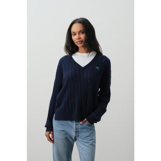 Naked Cashmere Elina Cashmere Cableknit V-Neck in Club Navy at Nordstrom, Size X-Small