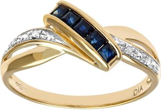 Jewelco London 9ct Gold 2pts Diamond Square 0.28ct Sapphire Crossover Dress Ring - PR0AXL8829YSA