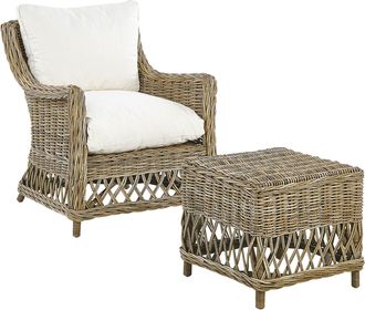 Beliani Beliani - Silla De Jard&iacute;n De Rat&aacute;n Natural Blanco Crema Algod&oacute;n Reposapi&eacute;s Cojines De Respaldo Ribolla