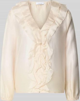 Comma Regular Fit Bluse aus Lyocell-Mix mit Volants in Sand, Gr&ouml;&szlig;e 34