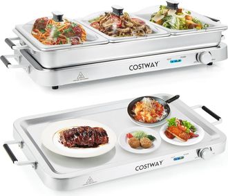 Costway Costway - 2 En 1 Bandeja El&eacute;ctrica Con Control De Temperatura, 450 W Calentador De Alimentos Con 3 Bandejas Para Servir, Bandeja Port&aacute;til De Acero Ino