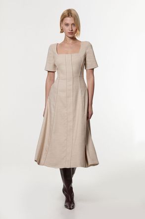 Karen Millen Womens Herringbone Full Skirt Tailored Midi Dress - Natural - Size 10 UK