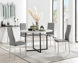 Furniturebox Adley Grey Concrete Effect Round Dining Table & 4 Milan Chrome Leg Faux Leather Chairs