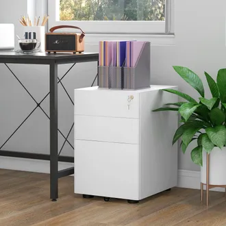 Vinsetto 3 Draw Metal Filing Cabinet Lockable 4 Wheels Compact Under Desk in White