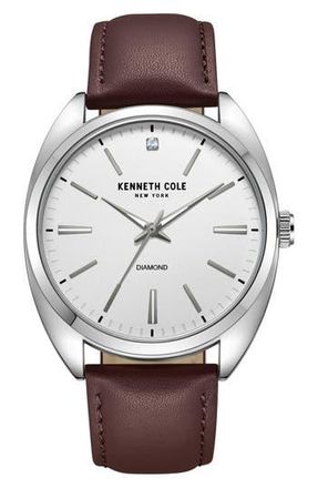 Kenneth Cole Diamond Dial Leather Strap Watch, 42mm in Brown at Nordstrom Rack