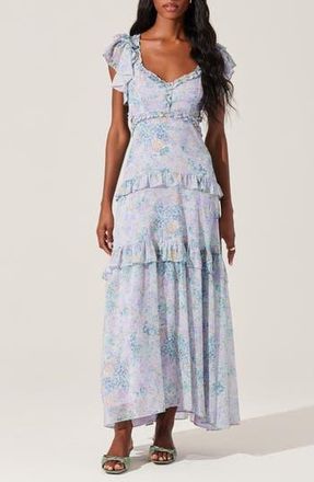 ASTR the Label Mable Floral Tiered Cutout Chiffon Dress in Lilac Green Floral at Nordstrom Rack, Size Medium