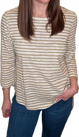 Multiples Striped 3/4 Sleeve Round Neck Top In Taupe