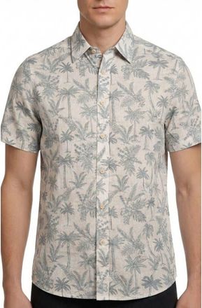 Report Collection Tropical Print Short Sleeve Linen & Cotton Button-Up Shirt in White at Nordstrom Rack, Size Xx-Large