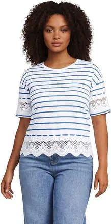 Lands End Plus Size Short Sleeve Slub Jersey Cutwork T-Shirt in White/bright Blue Stripe at Nordstrom, Size 3X