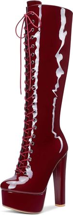 Castamere Womens Mid-Calf Boots Lace-Up Zipper Platform Block Heels 6IN High Heels Red Burgundy Patent Shoes UK 6