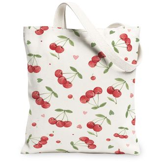Generic Cherries Floral Canvas Tote Bags, Retro Fruit Pattern Reusable Shopping Bags, Summer Lightweight Washable Shoulder Strap Ca, White, 13x15 Inch