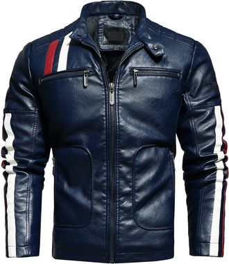 Generic Mens Black Faux Leather Moto Jacket with Red & White Stripes,6 Zip Pockets, Vintage Biker Jacket Coat for Casual Slim Fit Zipup Windbreaker (Dark Blue
