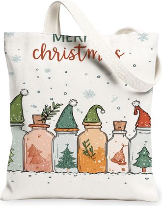 Generic Christmas Canvas Tote Bags, Jar Illustration Reusable Grocery Bags, Winter Vintage Lightweight Washable Shoulder Strap Canv, White, 13x15 Inch