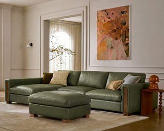 Castlery Tan France Kagan Leather 3-Piece Chaise Sectional Couch with Ottoman Left Facing, (Lugano) Moss for Living Room, Green, Castlery