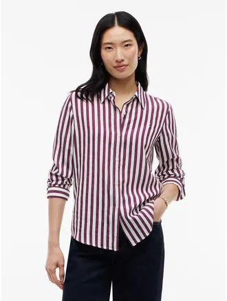 Tommy Hilfiger Womens Regular Fit Striped Fluid Shirt - Burgundy Stripe - 6