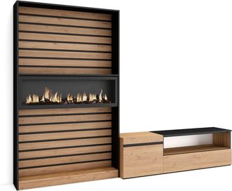 Skraut Home Skraut Home - Muebles De Sal&oacute;n Para Tv, Conjunto De Muebles Comedor, 260x186x35cm, Para Tv Hasta 65, Chimenea El&eacute;ctrica, Estilo Moderno, Roble Y Negro
