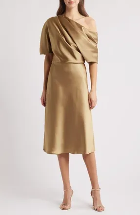 Amsale One-Shoulder Fluid Satin Cocktail Midi Dress in Gold at Nordstrom, Size 12