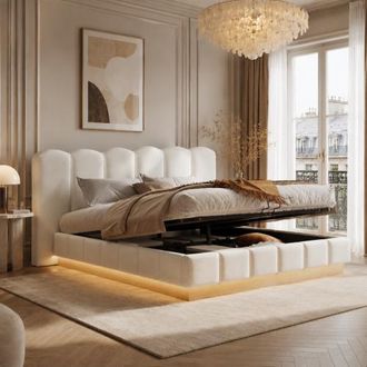 OEM Letto Imbottito, Letto Matrimoniale, 180200 Cm, Letto Funzionale Idraulico, Letto Con Rete A Doghe, Testiera E Ampio Vano Contenitore, Con Led, Boucl&eacute;