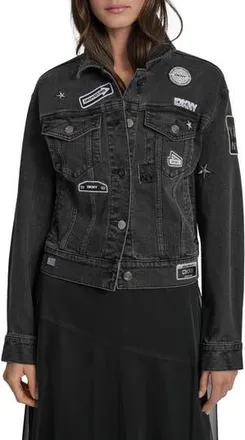 DKNY Logo Patch Denim Trucker Jacket in Bowery Wash at Nordstrom Rack, Size Xx-Small
