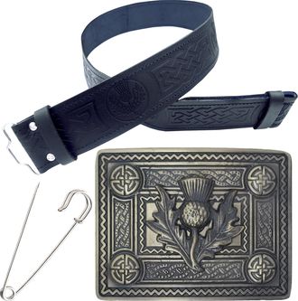 Generic Kilt Belt and Buckle Set - Elegant Mens Kilt Belt Thistle Embossed Leather - Handcrafted Pewter Buckle Antique Silver Finish, Kilt Pin 3 Inch (Celtic 
