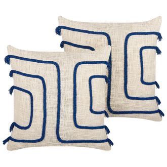 Beliani Conjunto De 2 Cojines De Algod&oacute;n Beige Claro Azul Marino 45 X 45 Cm Pleione