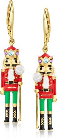 Ross-Simons 3.5-4mm Cultured Pearl and. Multi-Gemstone Nutcracker Drop Earrings With Multicolored Enamel in 18kt Gold Over Sterling