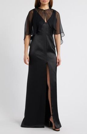 Amsale Sleeveless Satin Trumpet Gown with Silk Cape in Black at Nordstrom Rack, Size 10