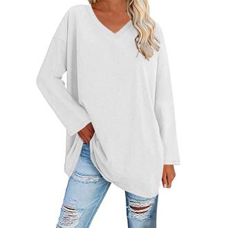 Generic Womens V neck t-shirt, large size top, womens long-sleeved top, plain colour, drop shoulders, chic and elegant, solid tunic, casual, loose tops, pullo