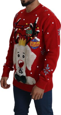Dolce & Gabbana Mens Red Christmas Dog Pullover Cashmere Sweater Clothing