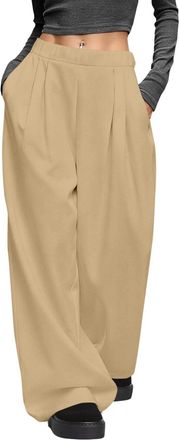 Generic Trousers for Women UK Casual Wide Leg Pleated Trousers with Pockets Solid Color Elastic Waist Pants Loose Lightweight Breathable Daily Wear Going Out 