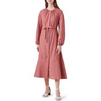 L.k. Bennett Sophie Check Tie Waist Long Sleeve Midi Dress in Orange at Nordstrom Rack, Size 16 Us / 20 Uk