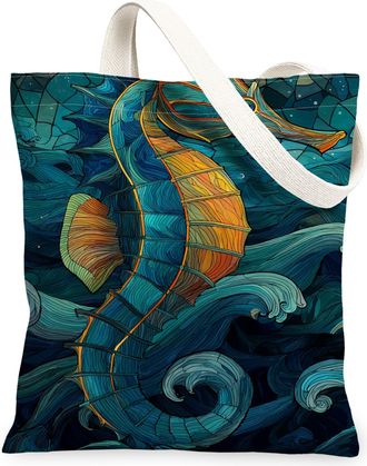 Generic Artistic Seahorses Canvas Tote Bags, Vintage Ocean Waves Pattern Reusable Grocery Bags, Lightweight Washable Shoulder Strap, Blue, 13x15 Inch